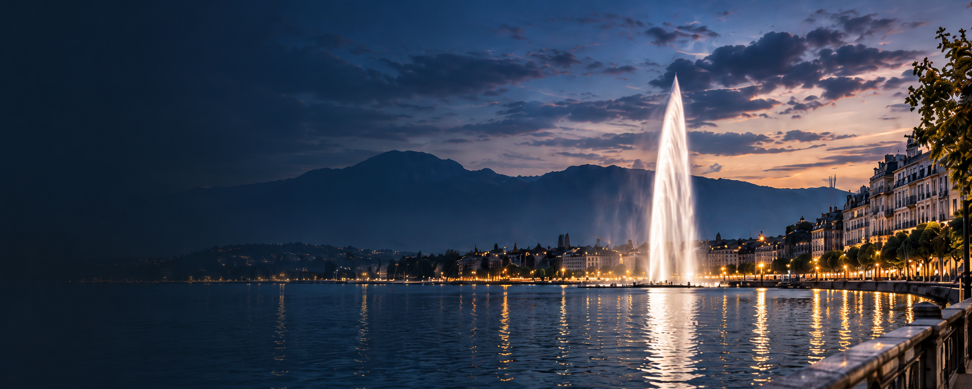 Genève et le Jet d’eau au crépuscule